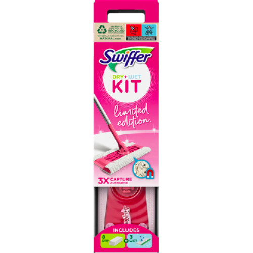 Швабра с сменными салфетками Swiffer kit Pink набор для уборки (швабра, 3 влажные салфетки и 8 сухих)